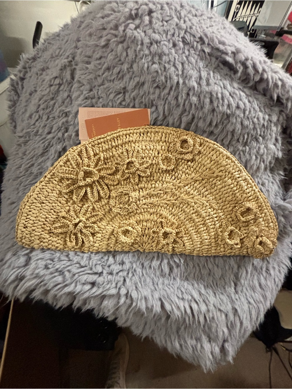 Woven Floral Straw Half-Moon Clutch in Natural